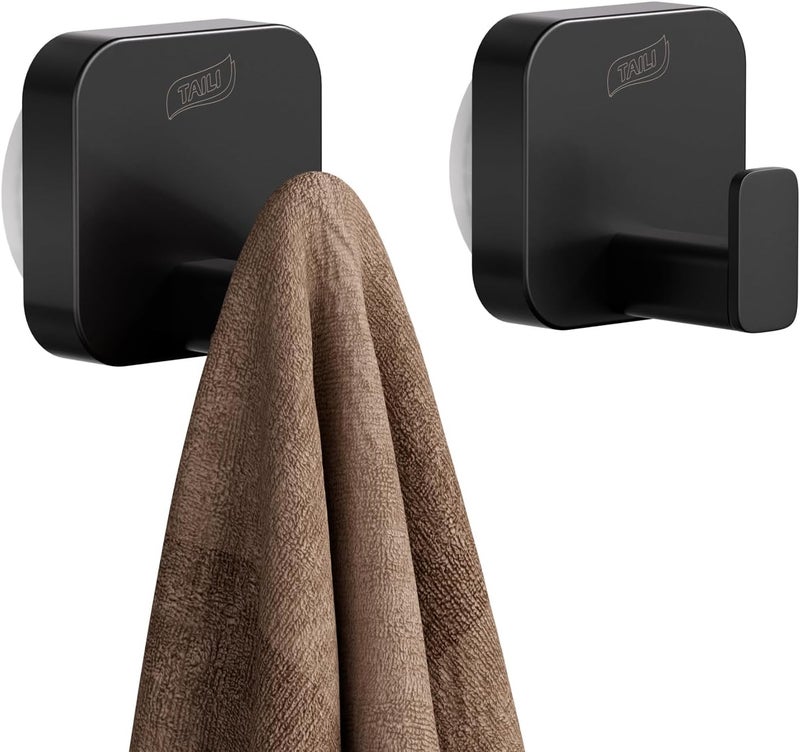 Taili Thickened 304 Stainless Steel Bathroom Suction Hook for Towel, Loofah, Bathrobe, Patented Strong Suction Cup Holder, Damage-Free Hanging Glass Shower Wall Hook, Hold Up to 11 Lbs, 2 Pack, Black - Image 1